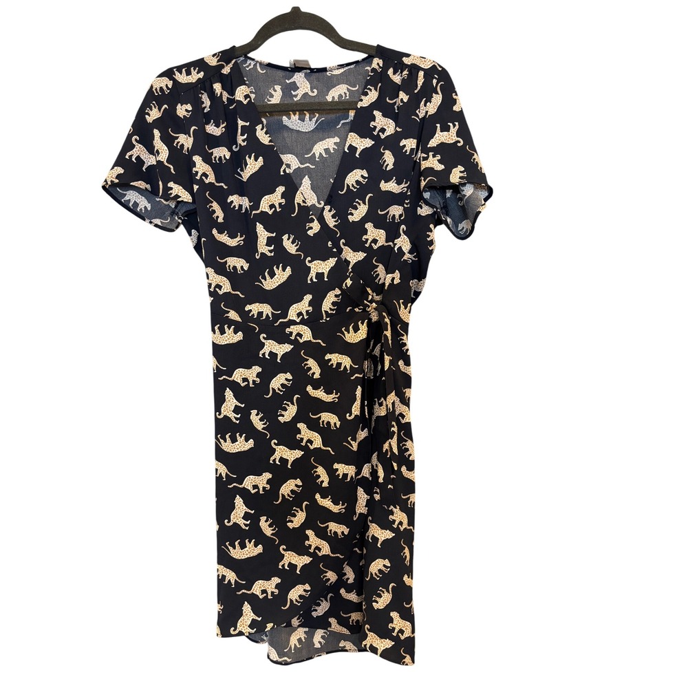J. Crew Leopard Print Wrap Dress Black Tan V Neck Tie Waist